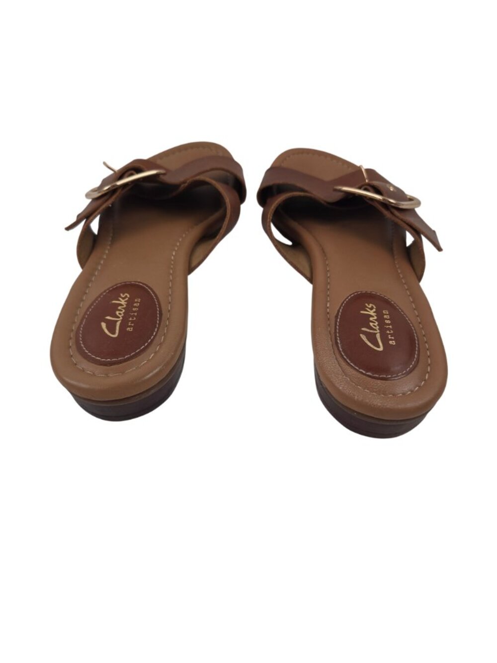 Clarks Artisan Sandals Womens 9.5 Brown Leather Straps Goldtone Buckle Flat Shoe - Picture 6 of 14